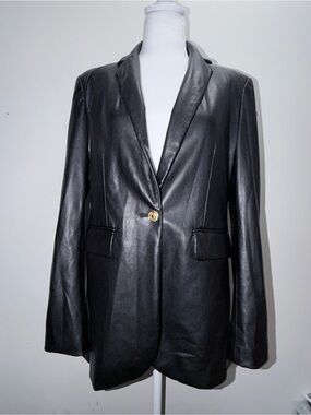 ZARA Black Soft Leather Single-Button Blazer Jacket Size Medium